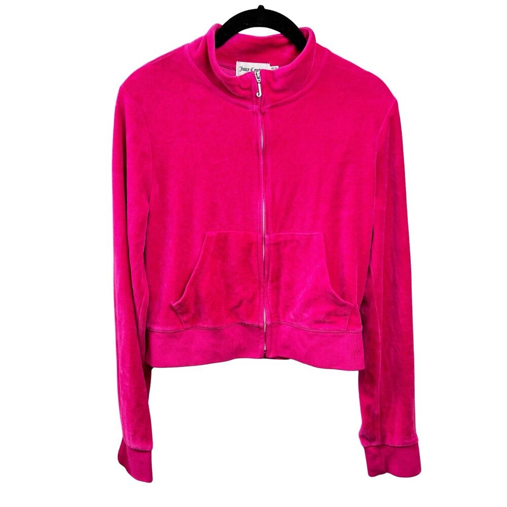 Juicy Couture Track Jacket Women's M Hot Pink Velour Full Zip Pockets "J" Charm